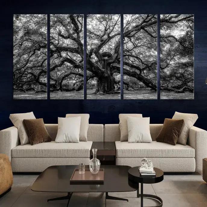 Old Angel Oak Tree Black and White Nature Wall Art Canvas Print