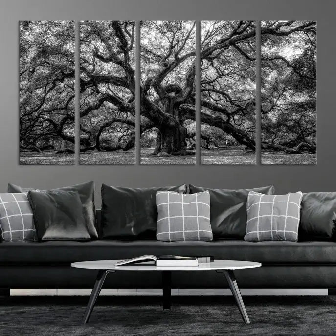 Old Angel Oak Tree Black and White Nature Wall Art Canvas Print