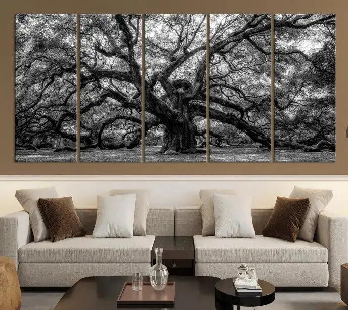 Old Angel Oak Tree Black and White Nature Wall Art Canvas Print