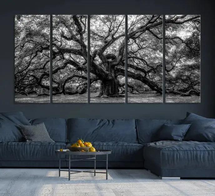 Old Angel Oak Tree Black and White Nature Wall Art Canvas Print