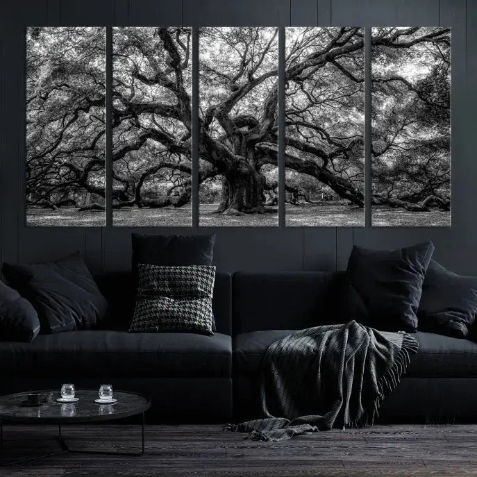 Old Angel Oak Tree Black and White Nature Wall Art Canvas Print