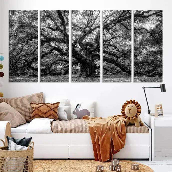 Old Angel Oak Tree Black and White Nature Wall Art Canvas Print