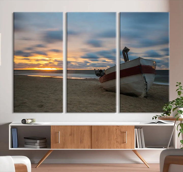 Old Boat On The Beach Sunset Coastal Ocean Wall Art Canvas