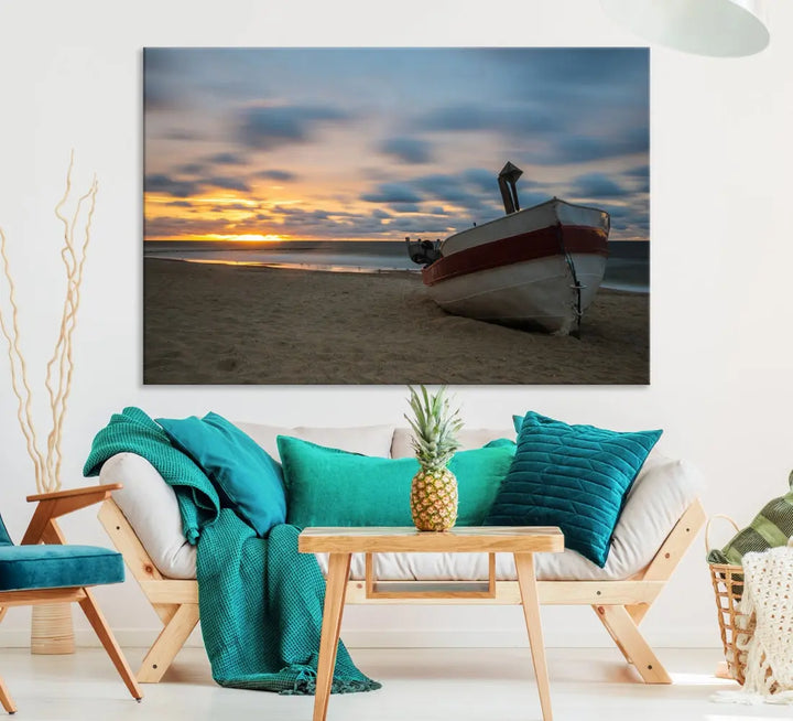 Old Boat On The Beach Sunset Coastal Ocean Wall Art Canvas