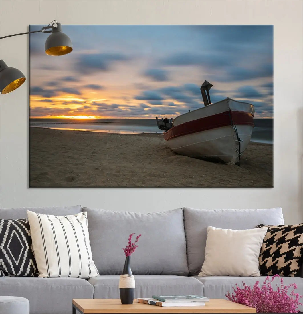 Old Boat On The Beach Sunset Coastal Ocean Wall Art Canvas