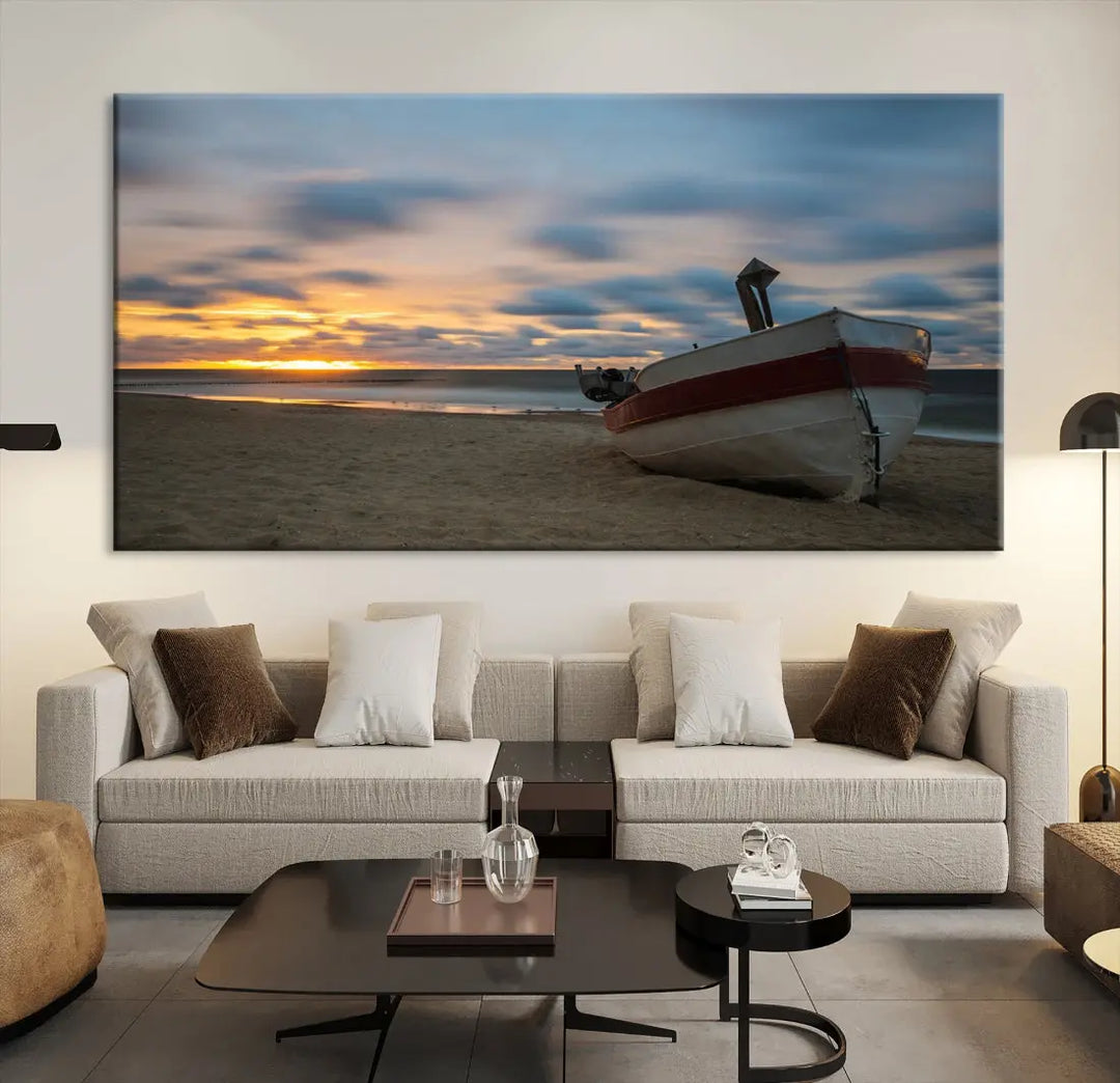 Old Boat On The Beach Sunset Coastal Ocean Wall Art Canvas