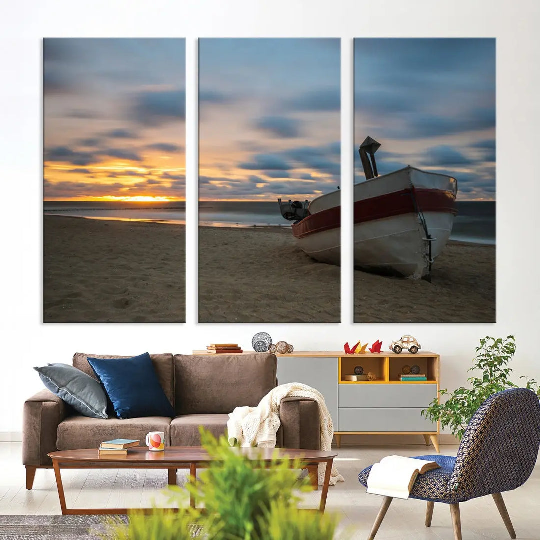 Old Boat On The Beach Sunset Coastal Ocean Wall Art Canvas