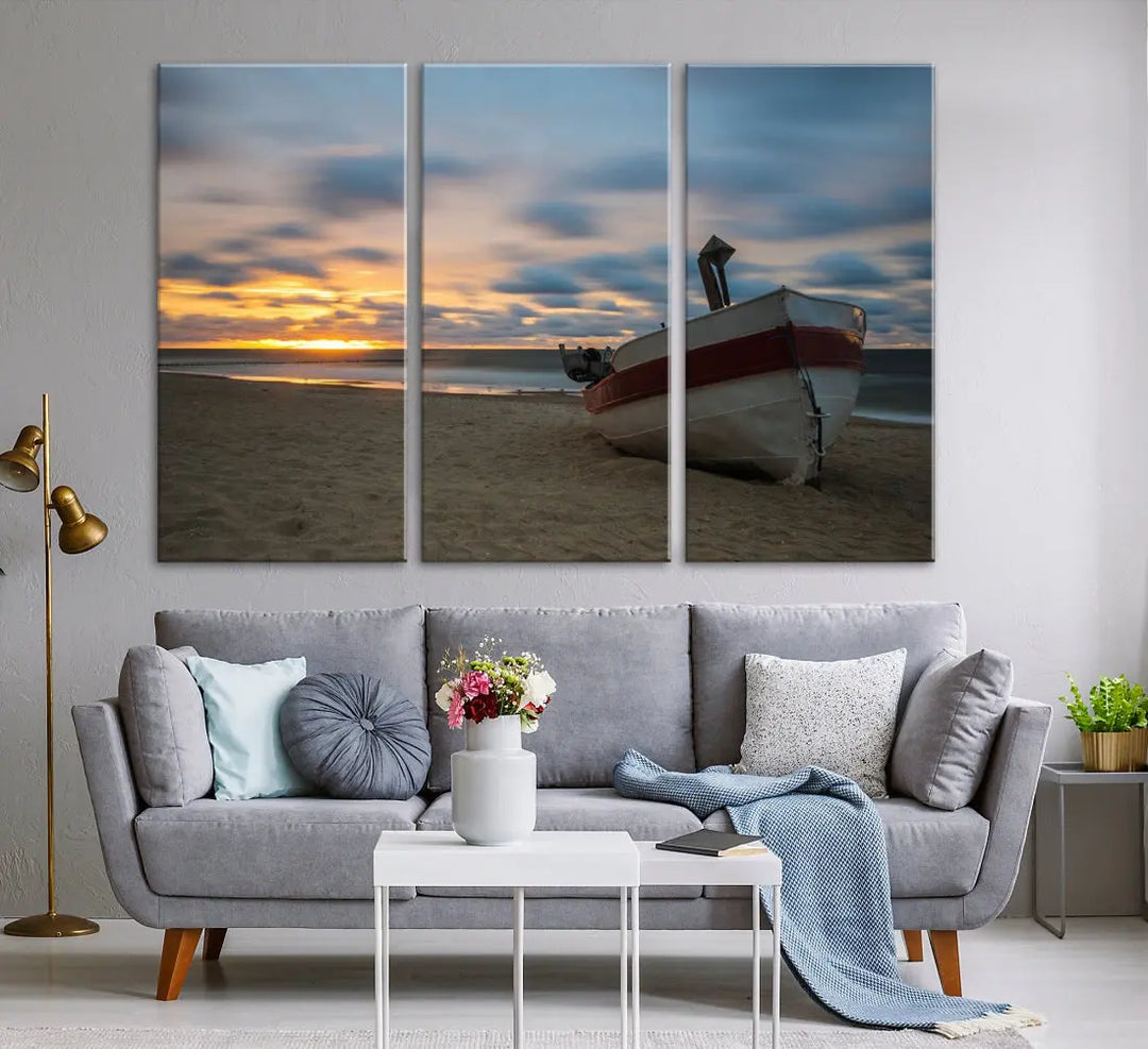 Old Boat On The Beach Sunset Coastal Ocean Wall Art Canvas