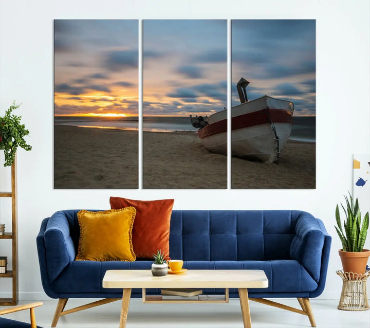 Old Boat On The Beach Sunset Coastal Ocean Wall Art Canvas