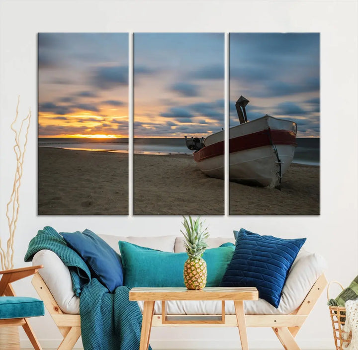 Old Boat On The Beach Sunset Coastal Ocean Wall Art Canvas