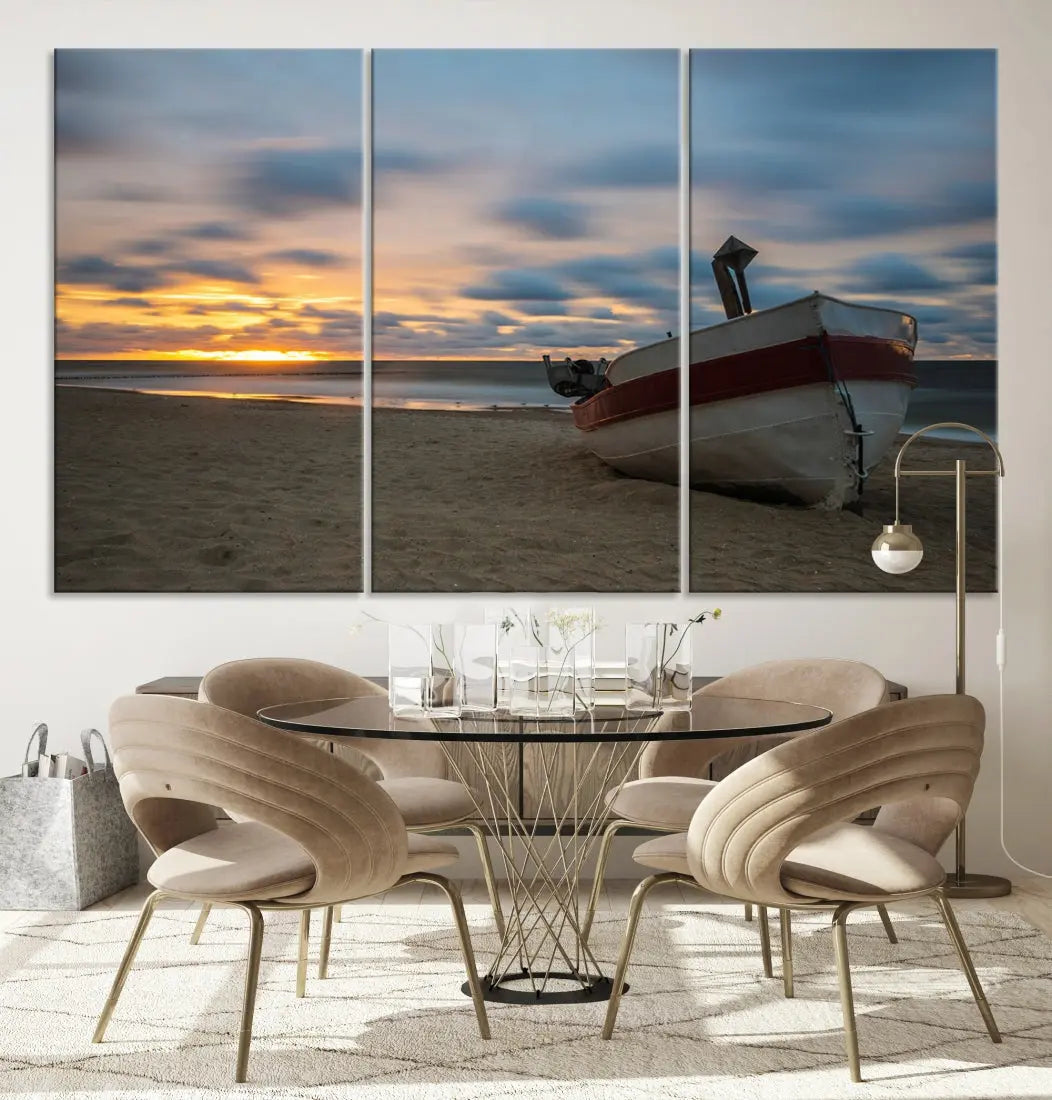 Old Boat On The Beach Sunset Coastal Ocean Wall Art Canvas