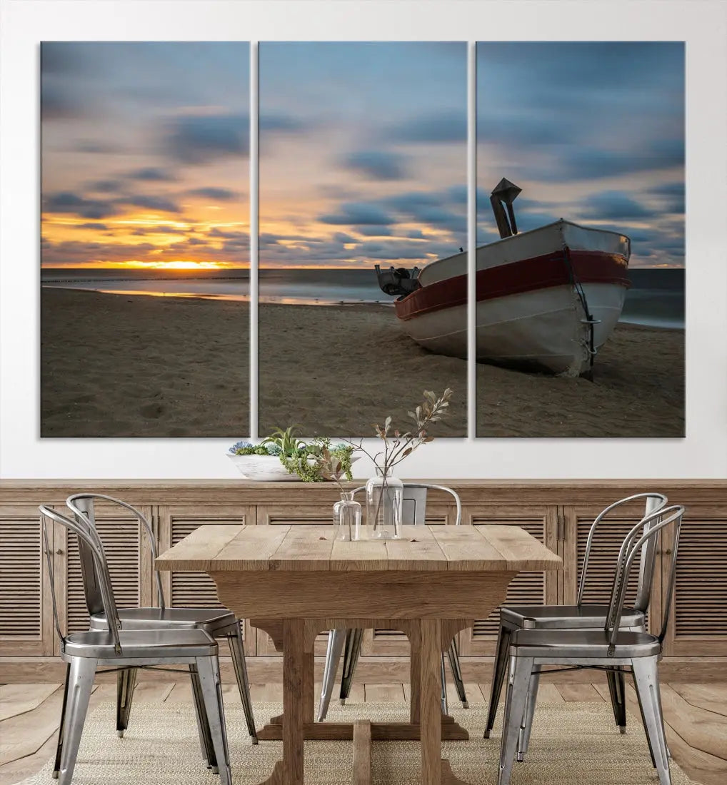 Old Boat On The Beach Sunset Coastal Ocean Wall Art Canvas