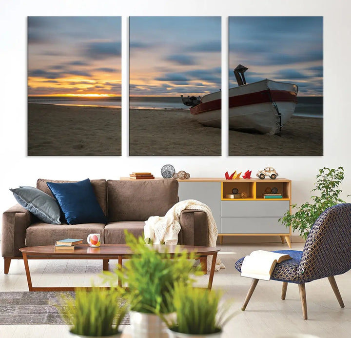 Old Boat On The Beach Sunset Coastal Ocean Wall Art Canvas