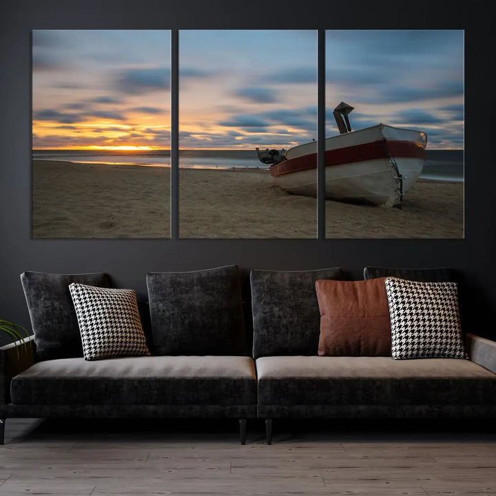 Old Boat On The Beach Sunset Coastal Ocean Wall Art Canvas