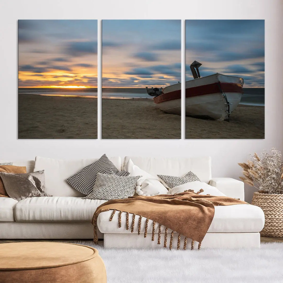 Old Boat On The Beach Sunset Coastal Ocean Wall Art Canvas