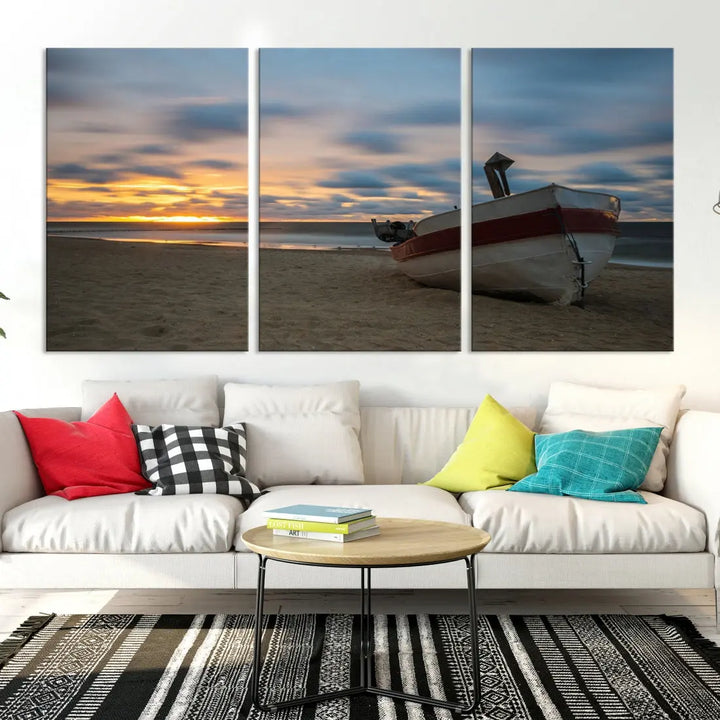 Old Boat On The Beach Sunset Coastal Ocean Wall Art Canvas