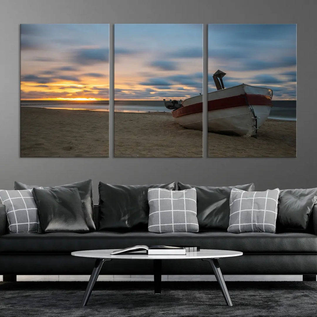 Old Boat On The Beach Sunset Coastal Ocean Wall Art Canvas