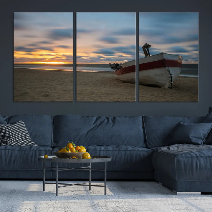 Old Boat On The Beach Sunset Coastal Ocean Wall Art Canvas