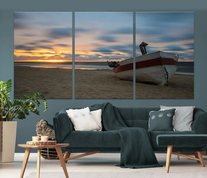 Old Boat On The Beach Sunset Coastal Ocean Wall Art Canvas