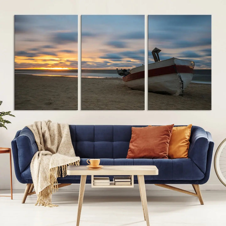 Old Boat On The Beach Sunset Coastal Ocean Wall Art Canvas