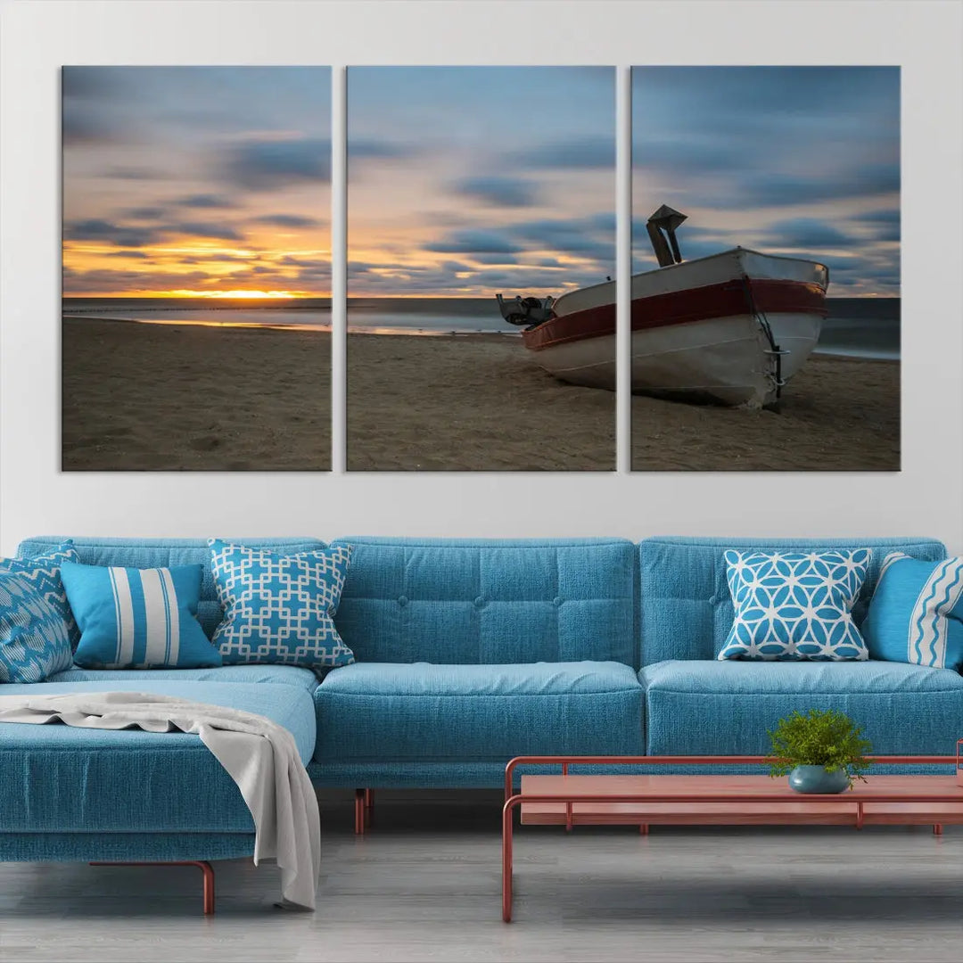 Old Boat On The Beach Sunset Coastal Ocean Wall Art Canvas