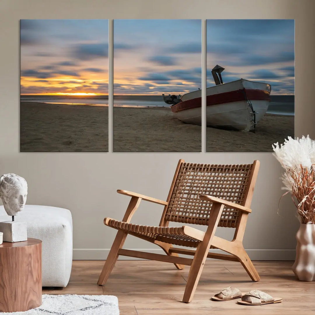 Old Boat On The Beach Sunset Coastal Ocean Wall Art Canvas