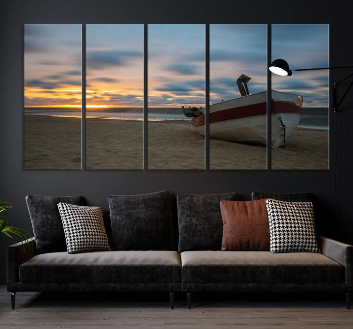 Old Boat On The Beach Sunset Coastal Ocean Wall Art Canvas