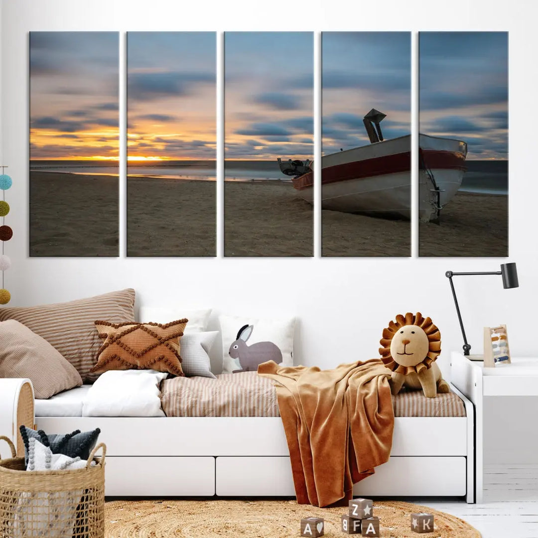 Old Boat On The Beach Sunset Coastal Ocean Wall Art Canvas