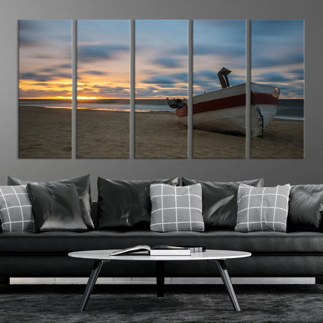 Old Boat On The Beach Sunset Coastal Ocean Wall Art Canvas