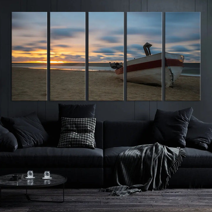 Old Boat On The Beach Sunset Coastal Ocean Wall Art Canvas