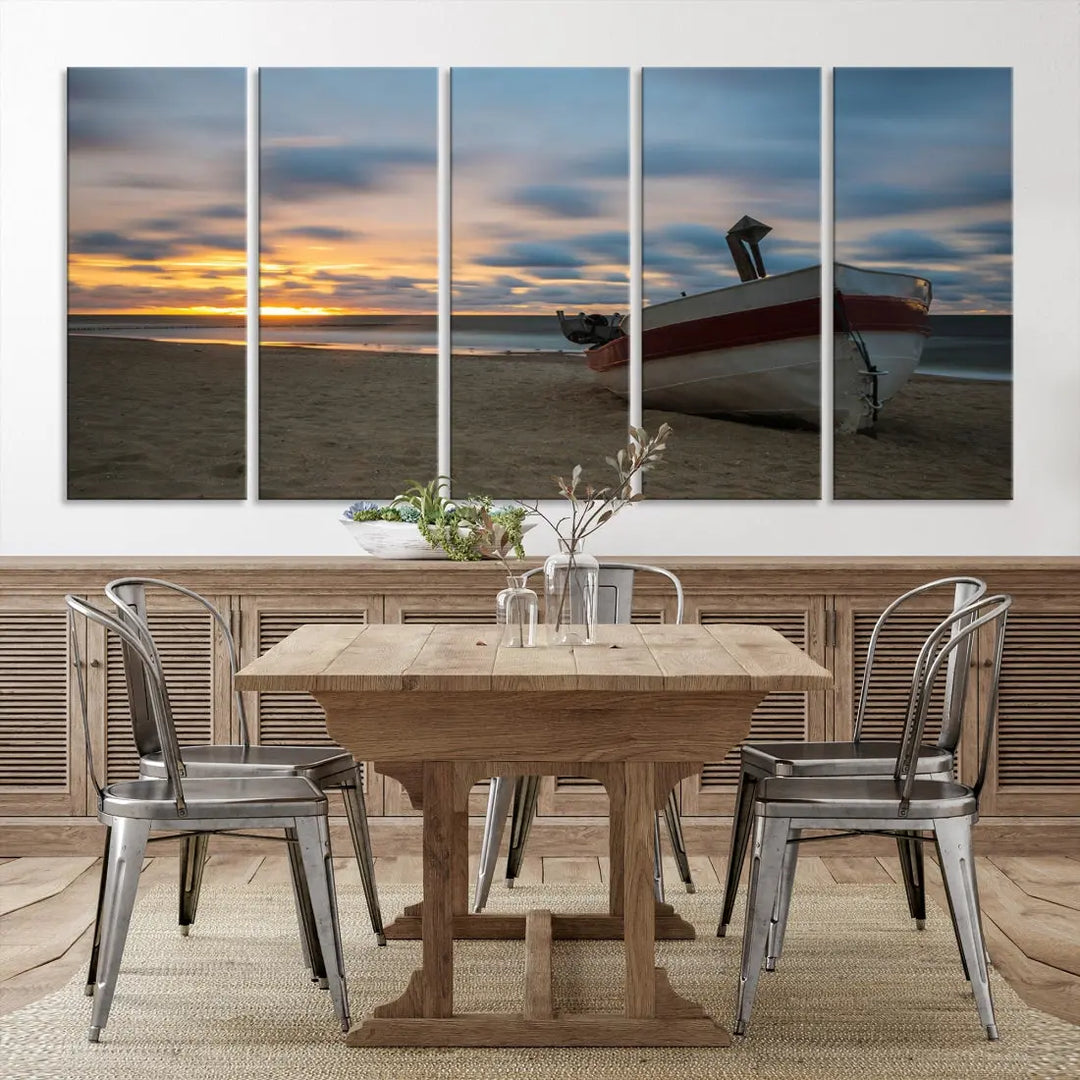 Old Boat On The Beach Sunset Coastal Ocean Wall Art Canvas