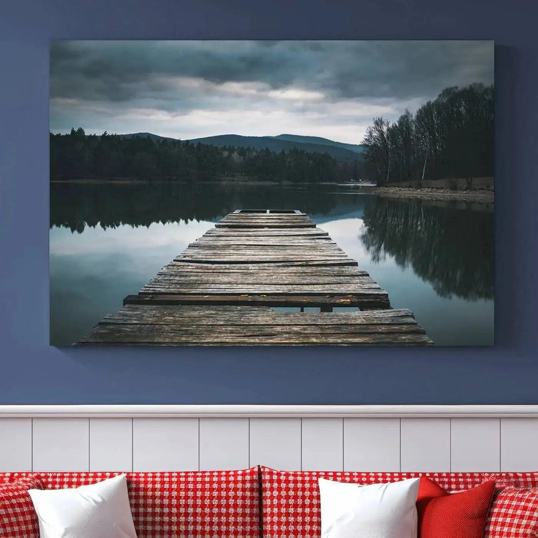 Old Wood Pier Mountain Lake Large Canvas Art Print for Wall Decor