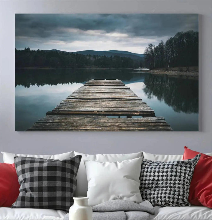 Old Wood Pier Mountain Lake Large Canvas Art Print for Wall Decor