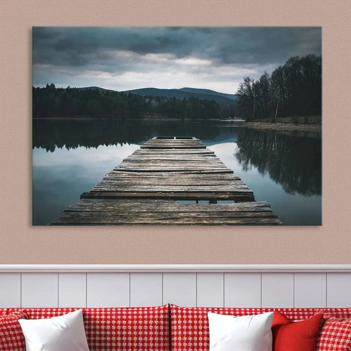 Old Wood Pier Mountain Lake Large Canvas Art Print for Wall Decor