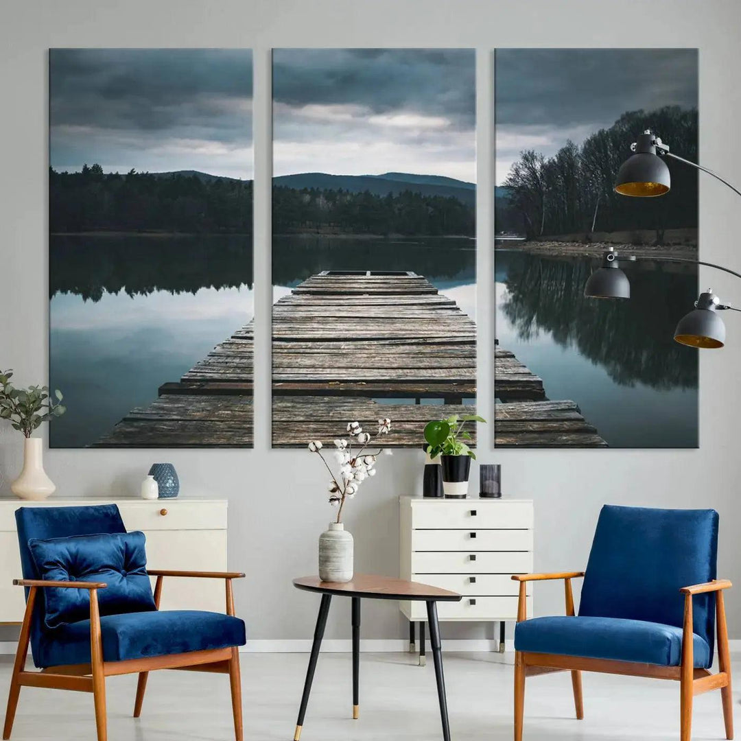 Old Wood Pier Mountain Lake Large Canvas Art Print for Wall Decor