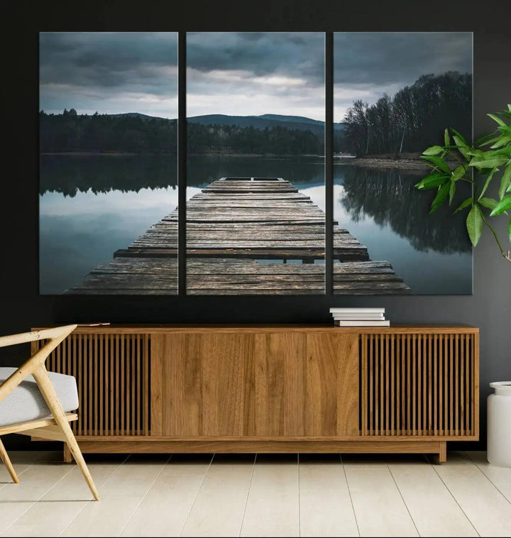 Old Wood Pier Mountain Lake Large Canvas Art Print for Wall Decor