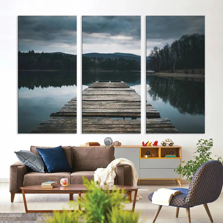 Old Wood Pier Mountain Lake Large Canvas Art Print for Wall Decor