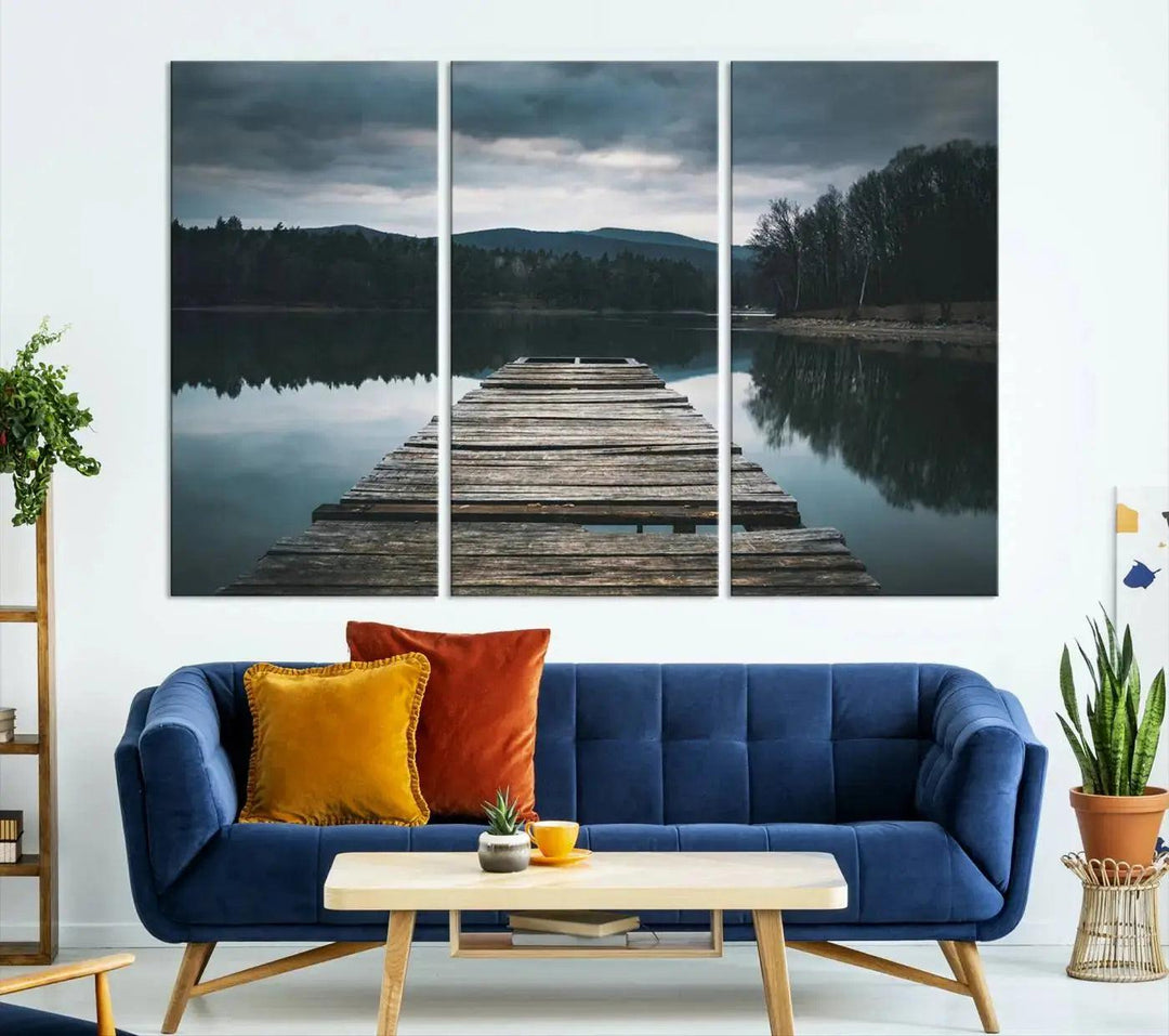 Old Wood Pier Mountain Lake Large Canvas Art Print for Wall Decor