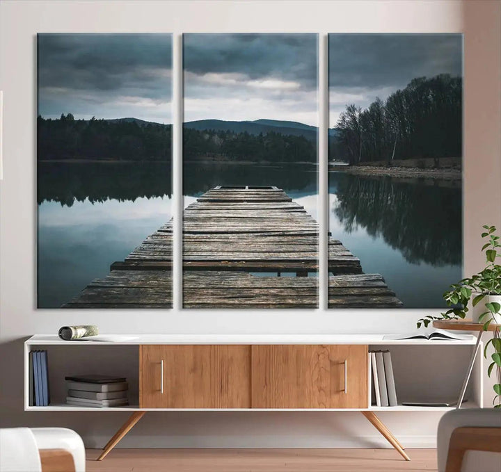 Old Wood Pier Mountain Lake Large Canvas Art Print for Wall Decor