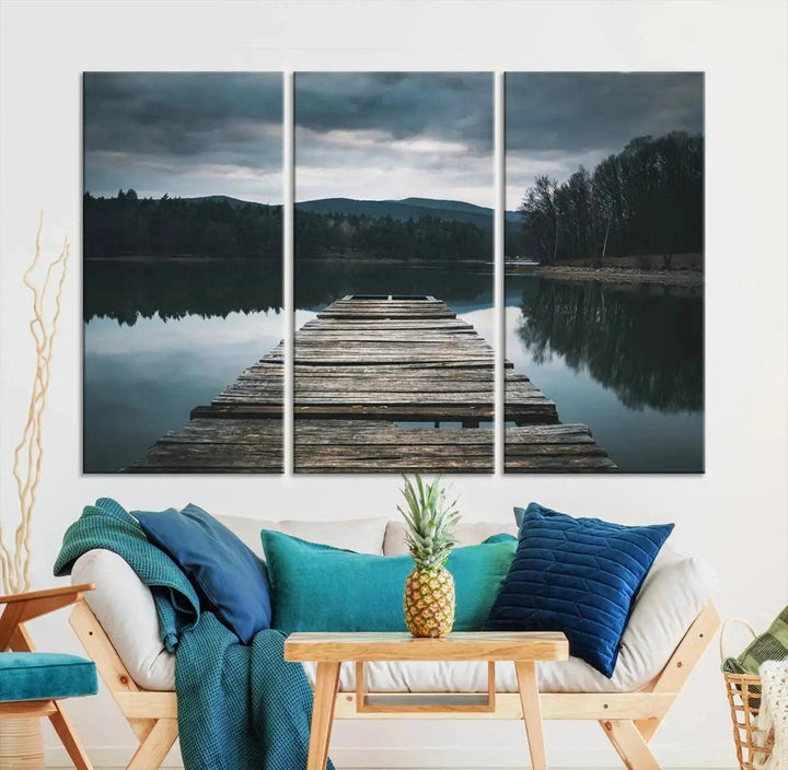 Old Wood Pier Mountain Lake Large Canvas Art Print for Wall Decor