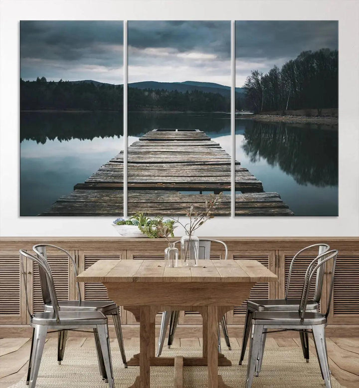 Old Wood Pier Mountain Lake Large Canvas Art Print for Wall Decor