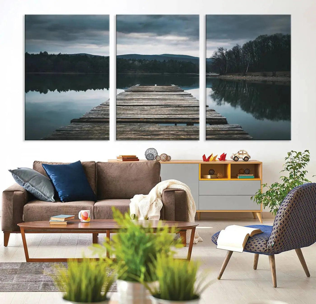 Old Wood Pier Mountain Lake Large Canvas Art Print for Wall Decor