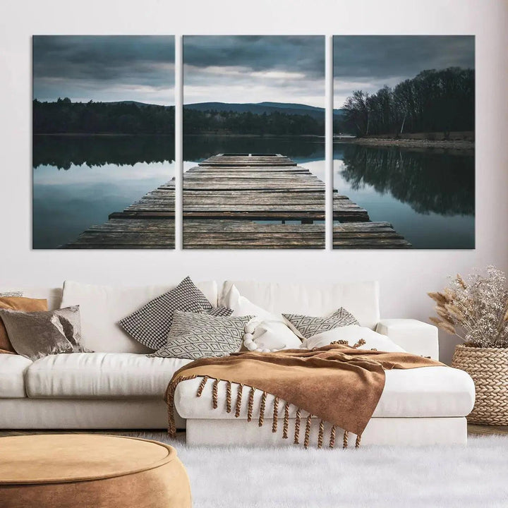 Old Wood Pier Mountain Lake Large Canvas Art Print for Wall Decor