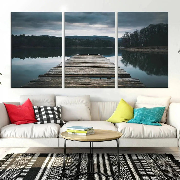 Old Wood Pier Mountain Lake Large Canvas Art Print for Wall Decor