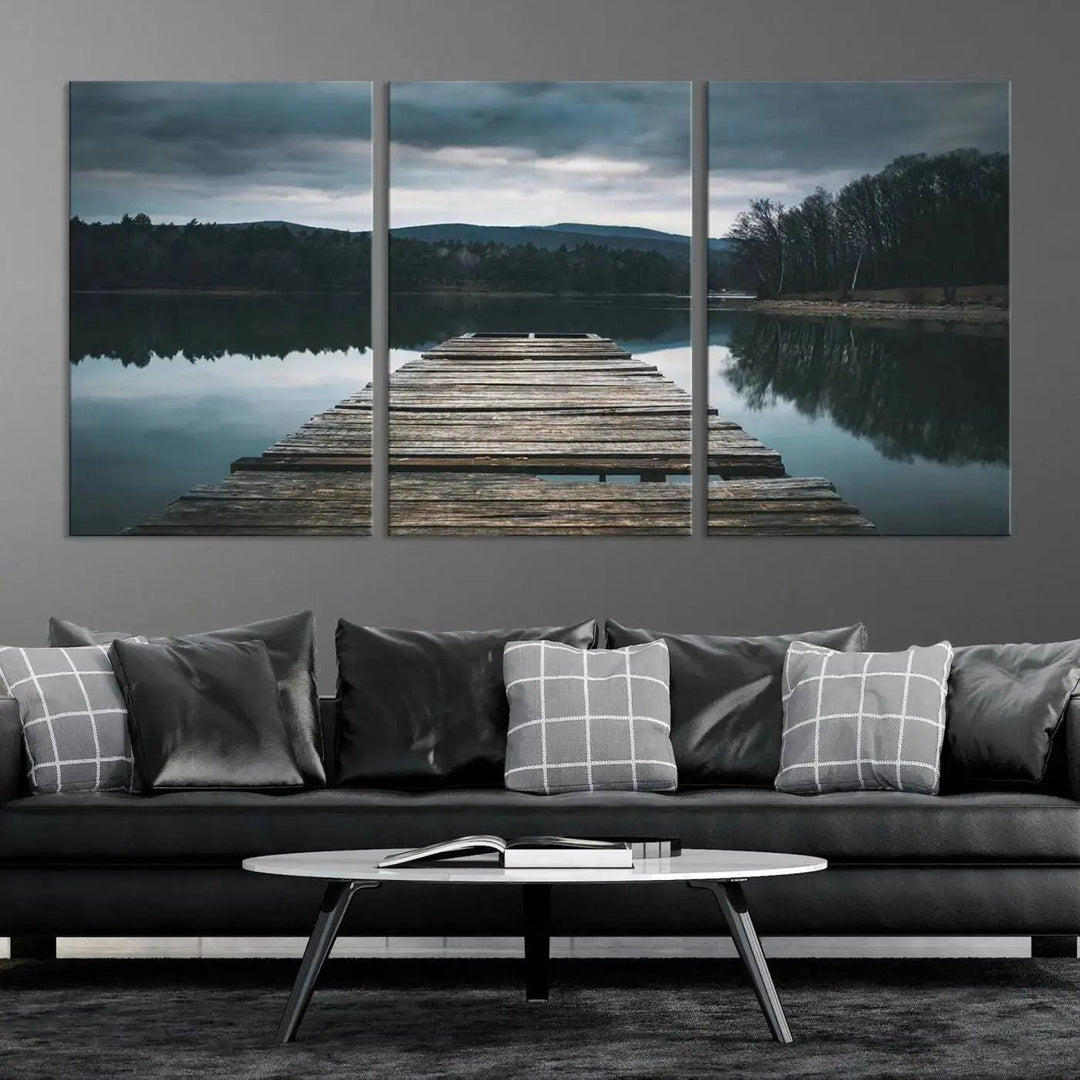 Old Wood Pier Mountain Lake Large Canvas Art Print for Wall Decor