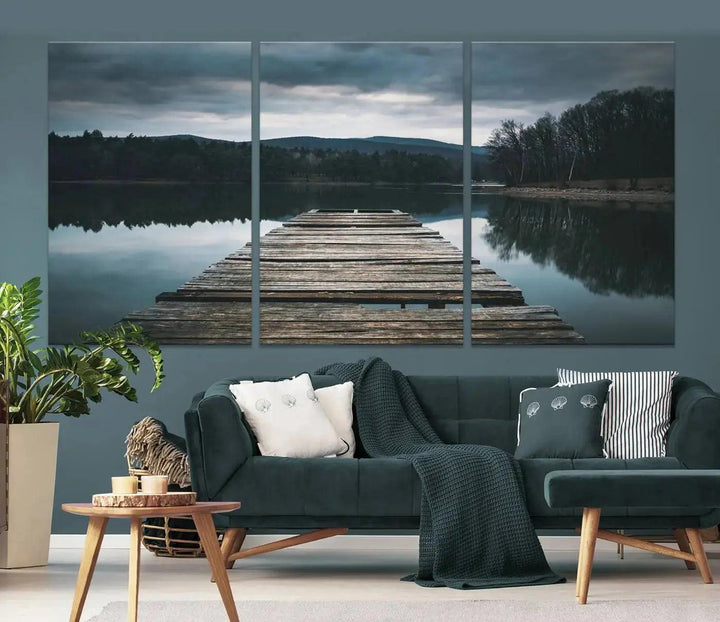 Old Wood Pier Mountain Lake Large Canvas Art Print for Wall Decor