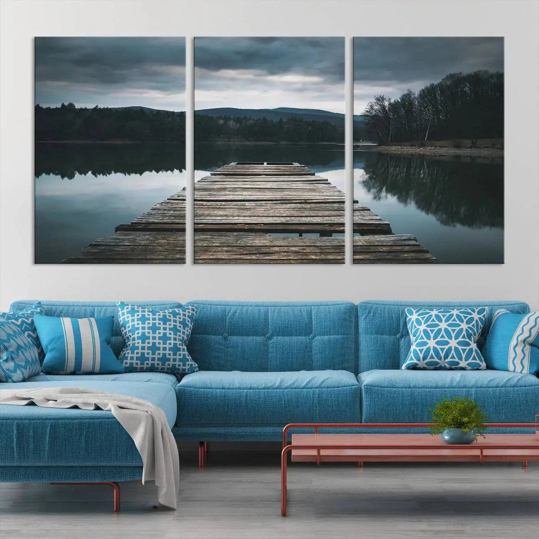 Old Wood Pier Mountain Lake Large Canvas Art Print for Wall Decor