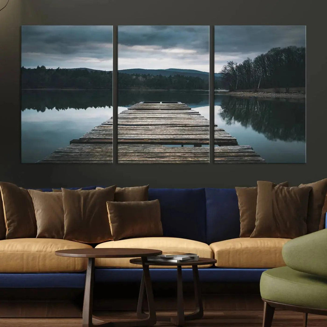 Old Wood Pier Mountain Lake Large Canvas Art Print for Wall Decor