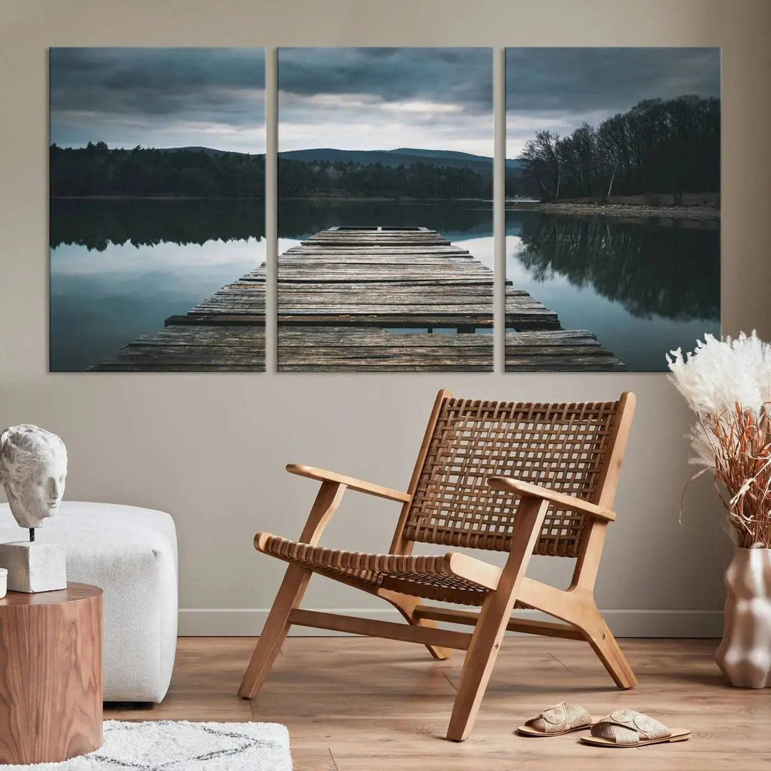 Old Wood Pier Mountain Lake Large Canvas Art Print for Wall Decor