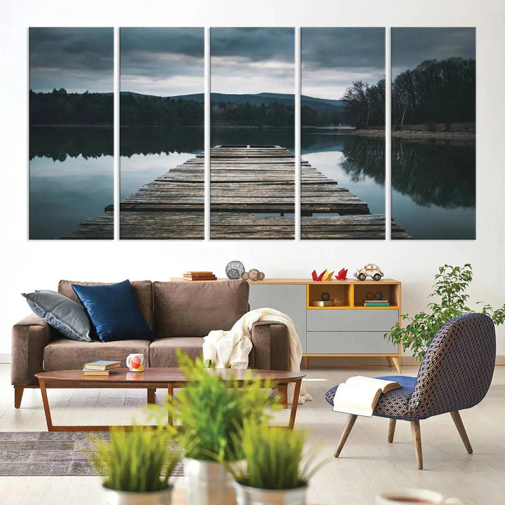 Old Wood Pier Mountain Lake Large Canvas Art Print for Wall Decor